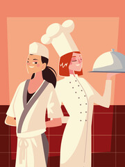 two female chefs in white uniform and hat with dish service