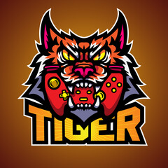 The tiger bite a game pad, Mascot logo vector illustration.