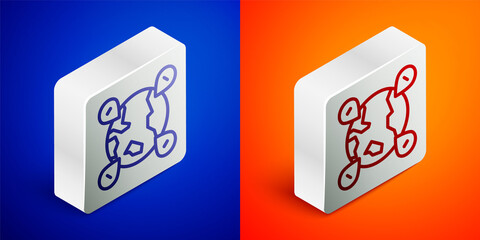 Isometric line Location on the globe icon isolated on blue and orange background. World or Earth sign. Silver square button. Vector.