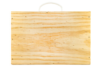 Rectangular shaped wooden suitcase with rope handle, isolated on white background.