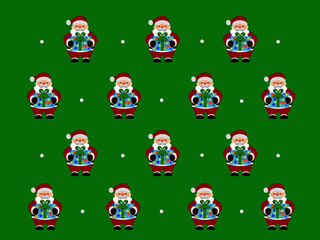 Santa wearing a red dress in a group on a green background.