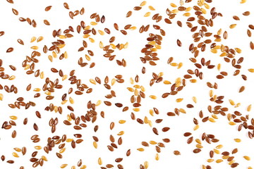 Mix golden linseed and brown flaxseeds, pile isolated on white background, top view
