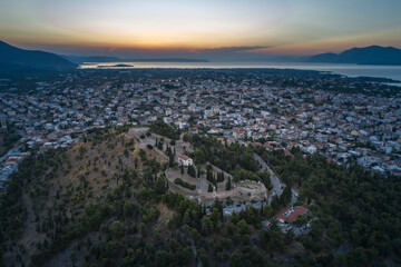 Chalkida aerial panoramic view at dusk, Evia island, Greece