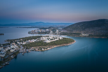 Obraz premium Chalkida aerial panoramic view at dusk, Evia island, Greece