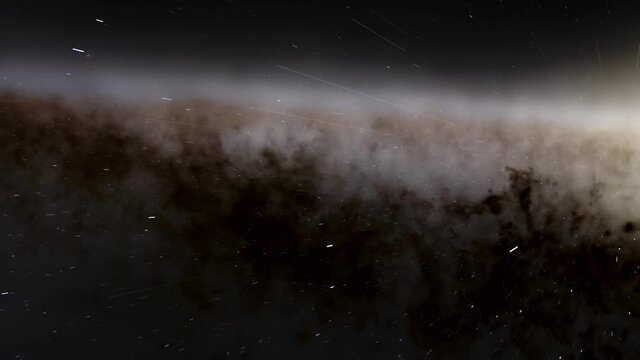 Exploration of galaxies through outer space towards a bright milky-way galaxy. 4K looping animation of flying through bright nebulae, clouds, and star fields. 