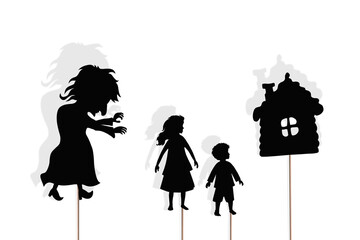 Shadow puppets of boy, girl, witch and gingerbread house, isolated.