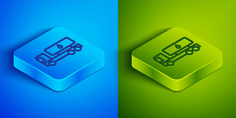 Isometric line Tanker truck icon isolated on blue and green background. Petroleum tanker, petrol truck, cistern, oil trailer. Square button. Vector.