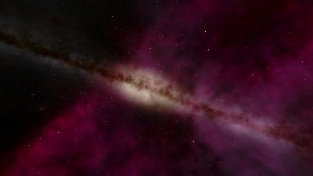 Exploration of galaxies through outer space towards a bright milky-way galaxy. 4K looping animation of flying through bright nebulae, clouds, and star fields. 
