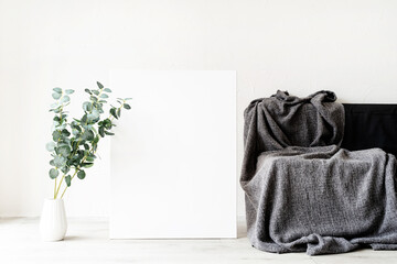 mock up poster frame with decorations on white wall background