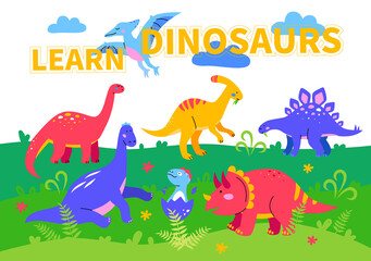Learn dinosaurs - colorful flat design style poster