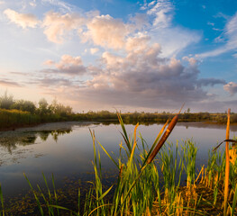small quiet lake among prairie at the evening, summer natural background