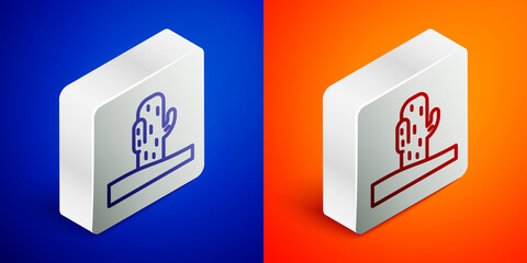 Isometric line Cactus icon isolated on blue and orange background. Silver square button. Vector.