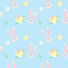 Easter seamless pattern with bunnies, colored eggs and flowers.