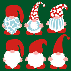 Bundle of Christmas Leopard Gnomes on green background. Trendy holidays design. Cartoon Gnome for Christmas DIY. Digital template for sublimation or cutting. Vector illustration.
