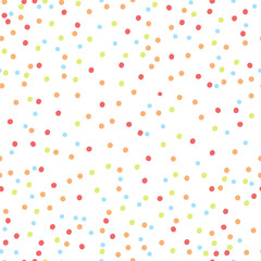 Festive colorful confetti scattered on white background, seamless vector pattern.