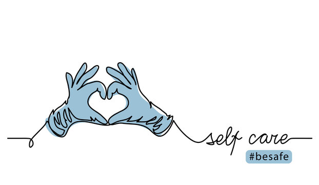 Self care concept during covid epidemic. Hands in protective gloves show love or heart sign. Vector illustration, one continuous line art drawing.