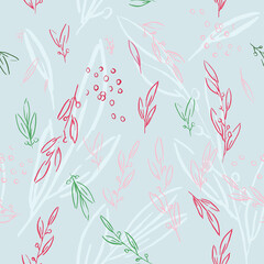 Seamless vector pattern of branches and leaves contours hand-drawn.