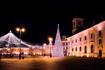 Panoramic view of the Big Square from Sibiu city with Christmas lights, Romania