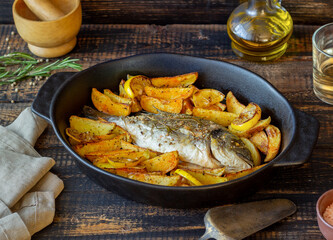 Dorado or sea bream baked with potatoes and lemon. Healthy eating. Diet.