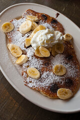 Pancakes. Homemade Pancakes with crispy maple Bacon, butter and maple syrup. Classic American breakfast or brunch favorite. Made from scratch Cakes with bacon, butter and maple syrup.