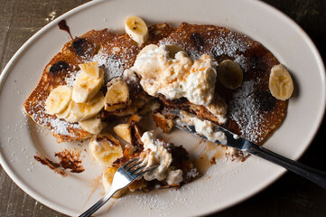 Pancakes. Homemade Pancakes with crispy maple Bacon, butter and maple syrup. Classic American breakfast or brunch favorite. Made from scratch Cakes with bacon, butter and maple syrup.