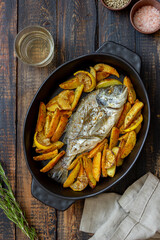 Dorado or sea bream baked with potatoes and lemon. Healthy eating. Diet.