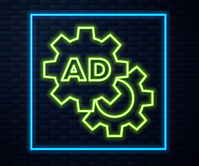 Glowing neon line Advertising icon isolated on brick wall background. Concept of marketing and promotion process. Responsive ads. Social media advertising.  Vector.