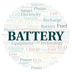 Battery typography word cloud create with the text only.