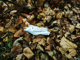 Top view shot of a facial mask in fallen leaves - concept of new normal
