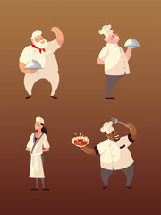 chefs woman and men with food and fork characters