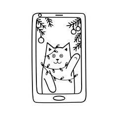 Cat entangled in a garland on the phone screen. Video call of a pet, funny Christmas greetings in Doodle style.
