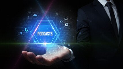 Man hand holding PODCASTS inscription, social media concept