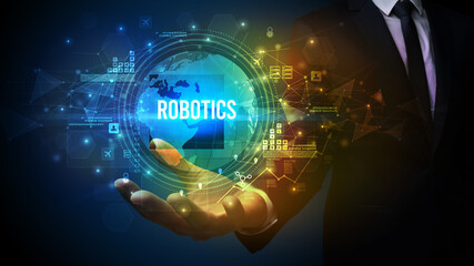Elegant hand holding ROBOTICS inscription, digital technology concept
