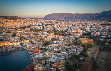 Aerial view from above of the city of Chania, Crete island, Greece