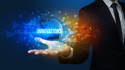 Elegant hand holding INNOVATIONS inscription, digital technology concept