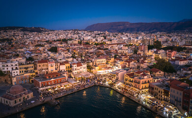 Old Center of Chania Cityscape with Ancient Venetian Port At Blue Hour in Crete, Greece