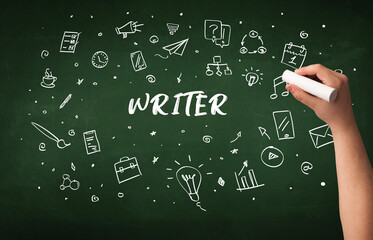 Hand drawing WRITER inscription with white chalk on blackboard, education concept