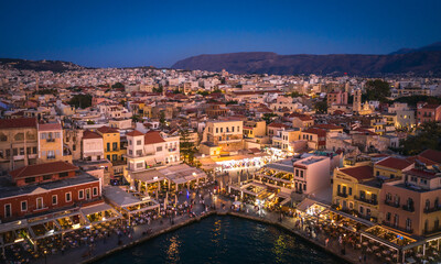 Fototapeta premium Old Center of Chania Cityscape with Ancient Venetian Port At Blue Hour in Crete, Greece
