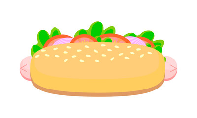 Hot dog. Bun with sausage and vegetables. Street food, snacking on the go. 