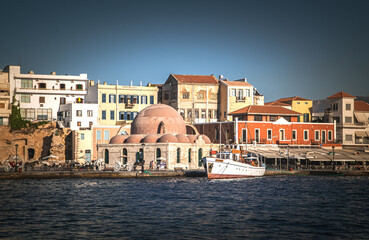 Kucuk Hasan Pasha Mosque on the old harbour of Chania, Crete, Greece