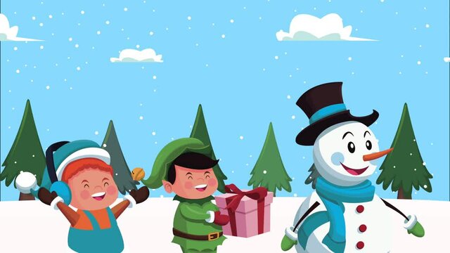 happy merry christmas animation with snowman and little kids
