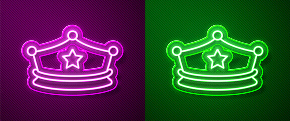 Glowing neon line Police cap with cockade icon isolated on purple and green background. Police hat sign.  Vector.