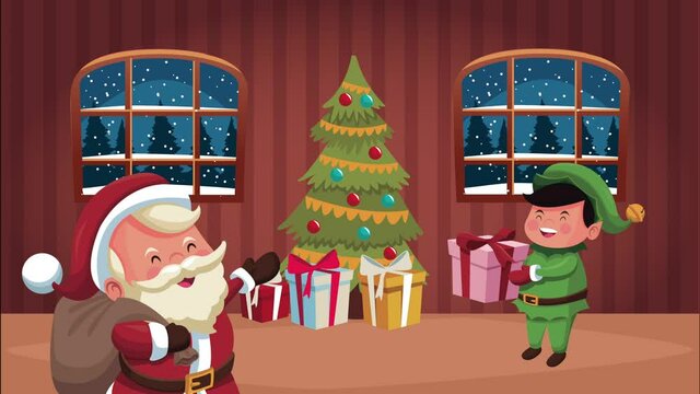 happy merry christmas santa claus with elf and gifts in the house