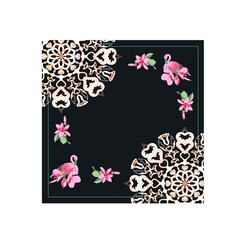Black illustration with flamingos and patterns