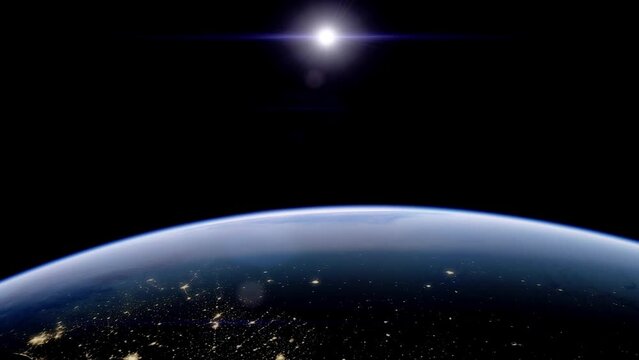 Beautiful sunrise over Earth. View from the space satellite. Cities at night. Change from Night to Day 3d Animation Rising Bright Sun. Modern business and technology concept. 4K Ultra HD.