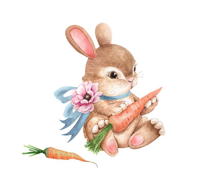 cute easter bunny with blue bow and carrot, watercolor illustration .hand painted for holidays and design