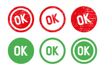 Ok circle stamp set. Texturised red stamp with ok text isolated on white background, vector illustration