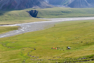 Small tourist camp in Saryjaz River Valley, Central Tian Shan, Kyrgyzstan.