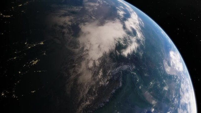 Beautiful sunrise over Earth. View from the space satellite. Cities at night. Change from Night to Day 3d Animation Rising Bright Sun. Modern business and technology concept. 4K Ultra HD.