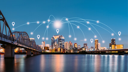 Modern city with wireless network connection concept, Osaka, Japan.